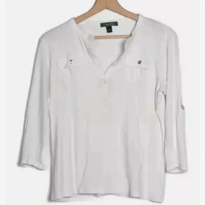 Lauren Ralph Lauren White Roll Cuff Sleeves V-neck Top